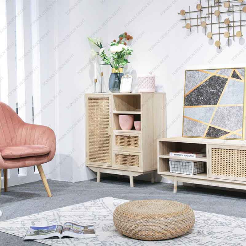 Wholesale Wooden Drawer Cabinet Rattan Storage Cabinet 32423B