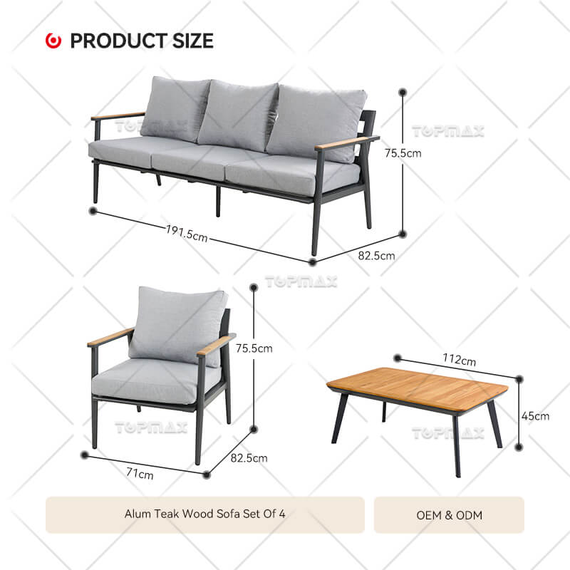 Alum Teak Wood Outdoor Modern Couch 44919-SET4-FSC