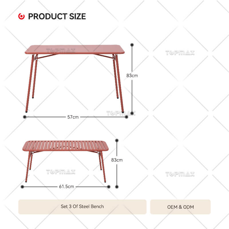 Balcony Chair Set 3 of Steel Bench Rectangular Table 24184M-SET3