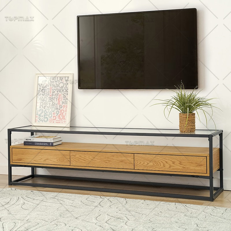 TV Stand With Drawers Wood Storage Glass Top Metal Shelf 31545C