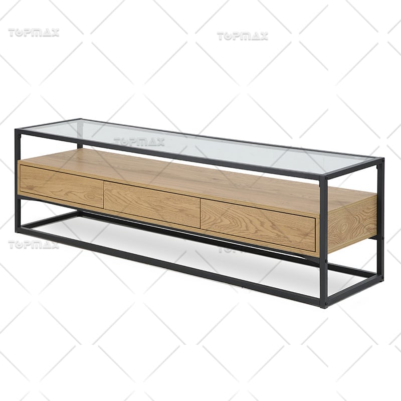 TV Stand With Drawers Wood Storage Glass Top Metal Shelf 31545C