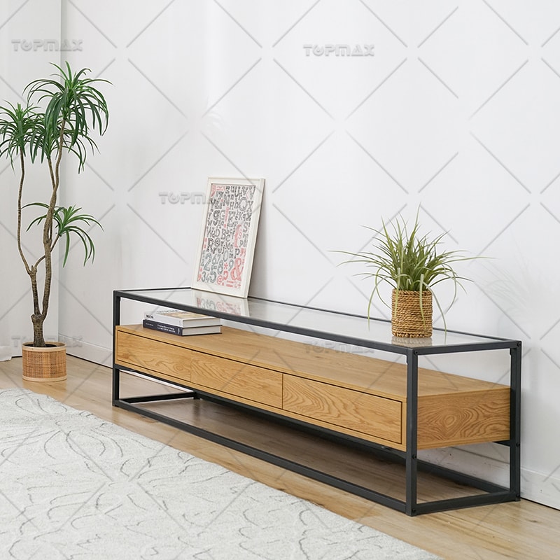 TV Stand With Drawers Wood Storage Glass Top Metal Shelf 31545C