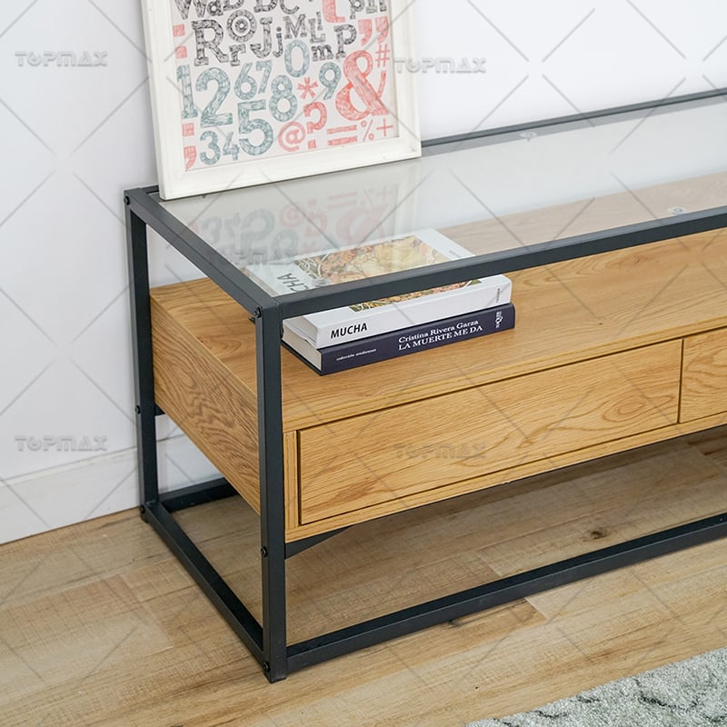 TV Stand With Drawers Wood Storage Glass Top Metal Shelf 31545C