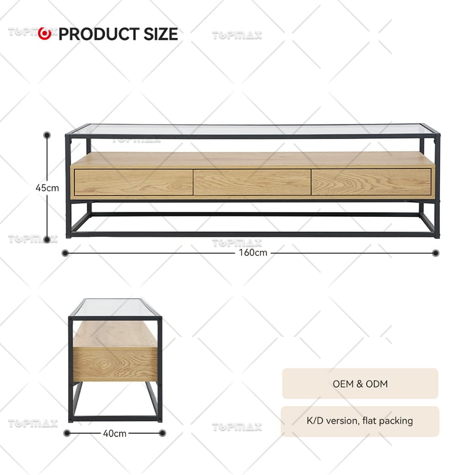 TV Stand With Drawers Wood Storage Glass Top Metal Shelf 31545C