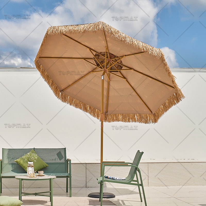 Dia2.5m Steel Beach Straw Umbrella  with Fringe Polyester 60418J-D