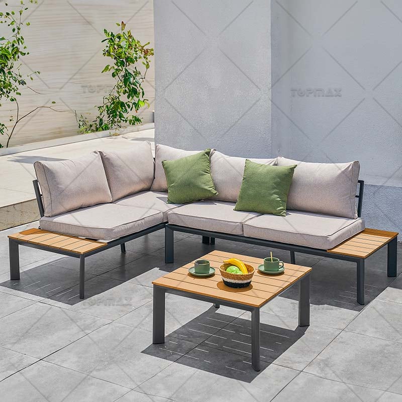 Aluminum Patio L Shape Couch 200g Olefin Polywood Slat 44833B-SET-3