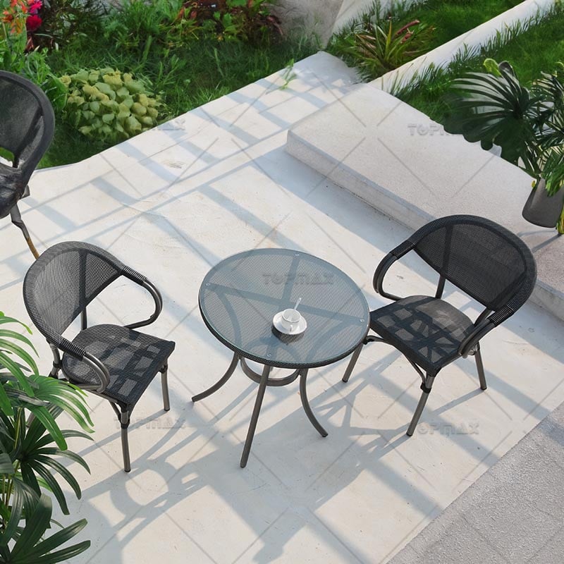 Durable Aluminum Black Rattan Table Round Glass Table Top 40996