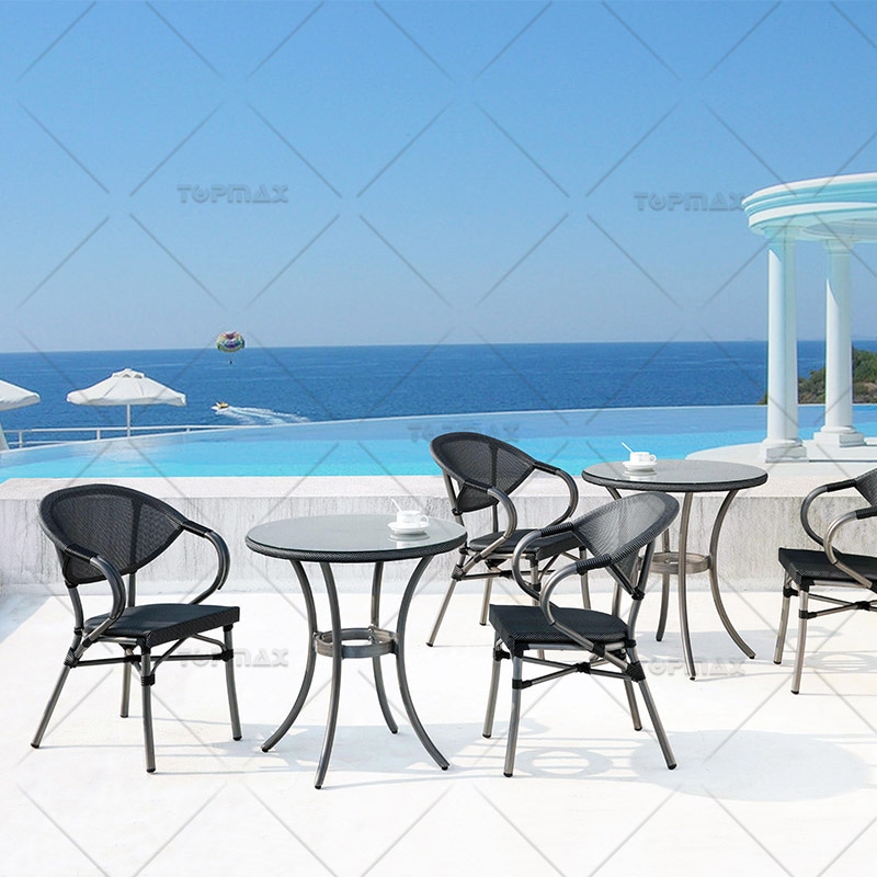 Durable Aluminum Black Rattan Table Round Glass Table Top 40996