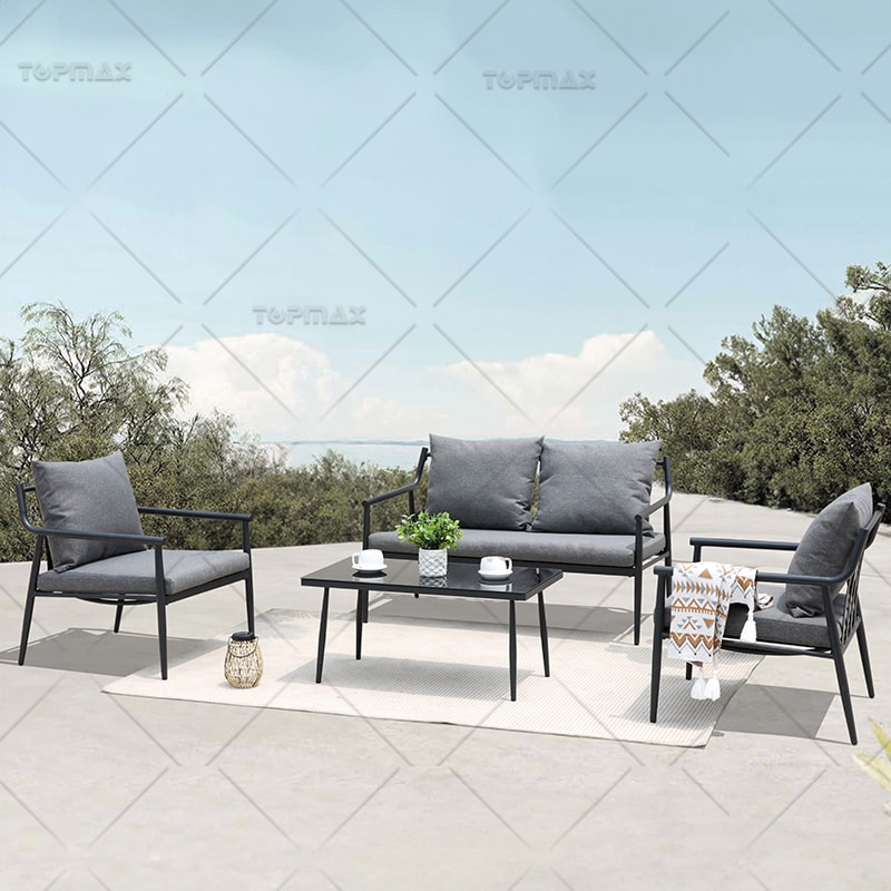 Steel Outdoor Sofa And Table Set Powder Coated Sling Seat Tempered Glass Top 24435-SET4