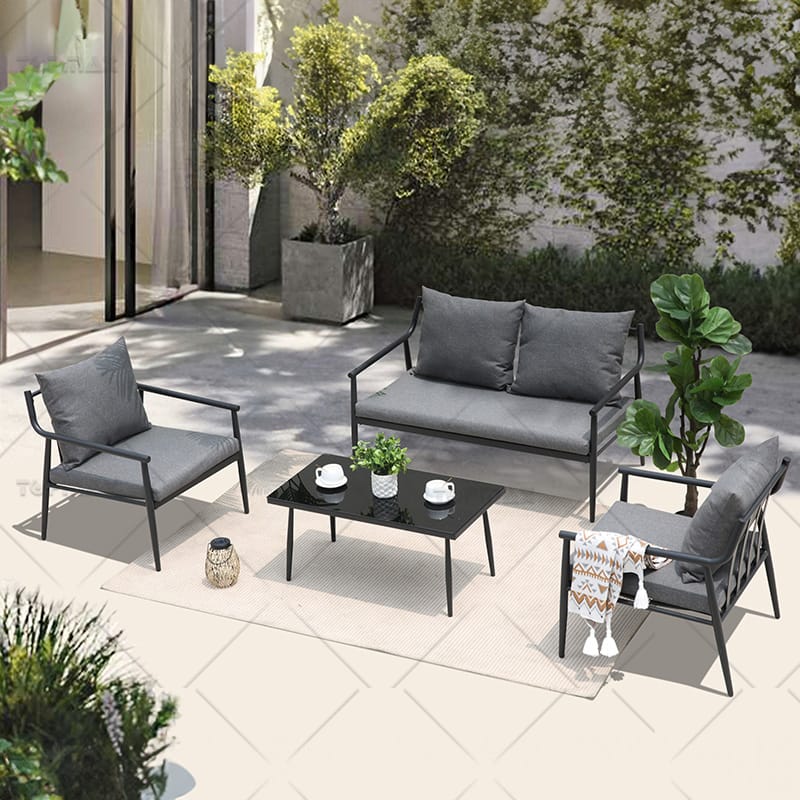 Steel Outdoor Sofa And Table Set Powder Coated Sling Seat Tempered Glass Top 24435-SET4