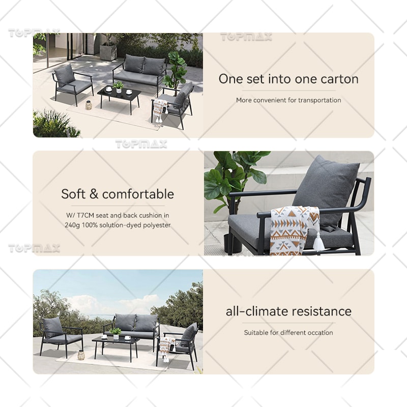 Steel Outdoor Sofa And Table Set Powder Coated Sling Seat Tempered Glass Top 24435-SET4