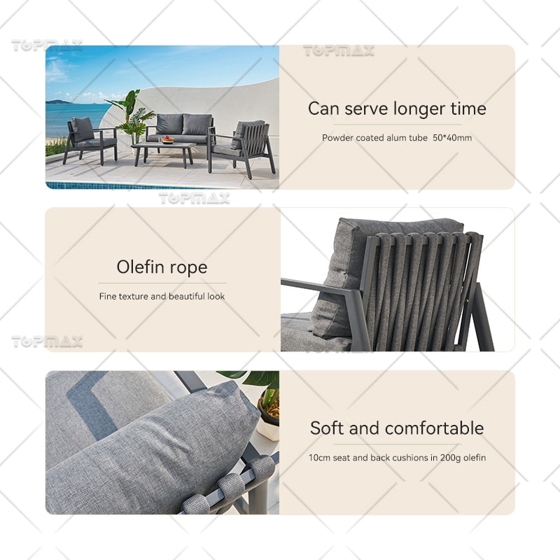 5 Seater Garden Sofa Set Aluminum Black Aluminum Outdoor Sofa Olefin Rope 54032C-SET4