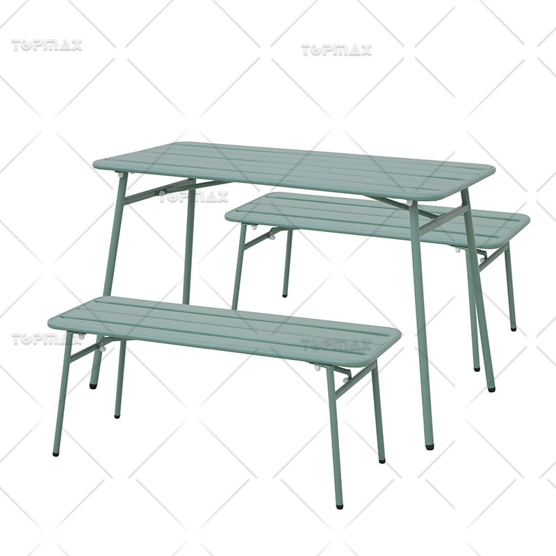 Garden Table And Bench Set Steel Slat Rectangular Outdoor Bench Table Set 24184-SET3