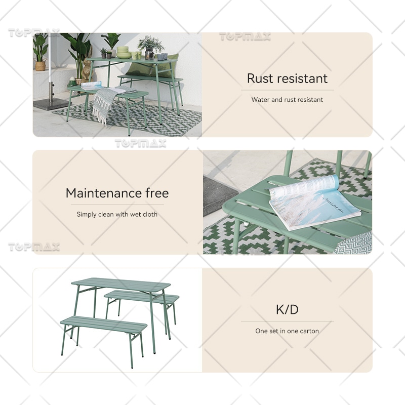 Garden Table And Bench Set Steel Slat Rectangular Outdoor Bench Table Set 24184-SET3