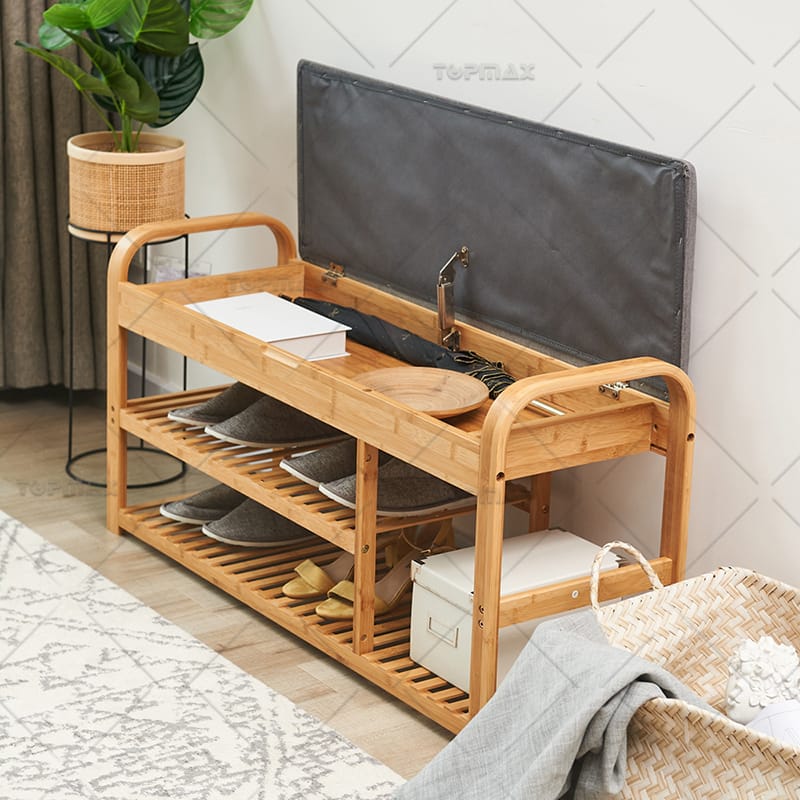 Modern Shoe Bench Bamboo Shoe Cabinet Bench with Flip-up Cushion 31301C-100
