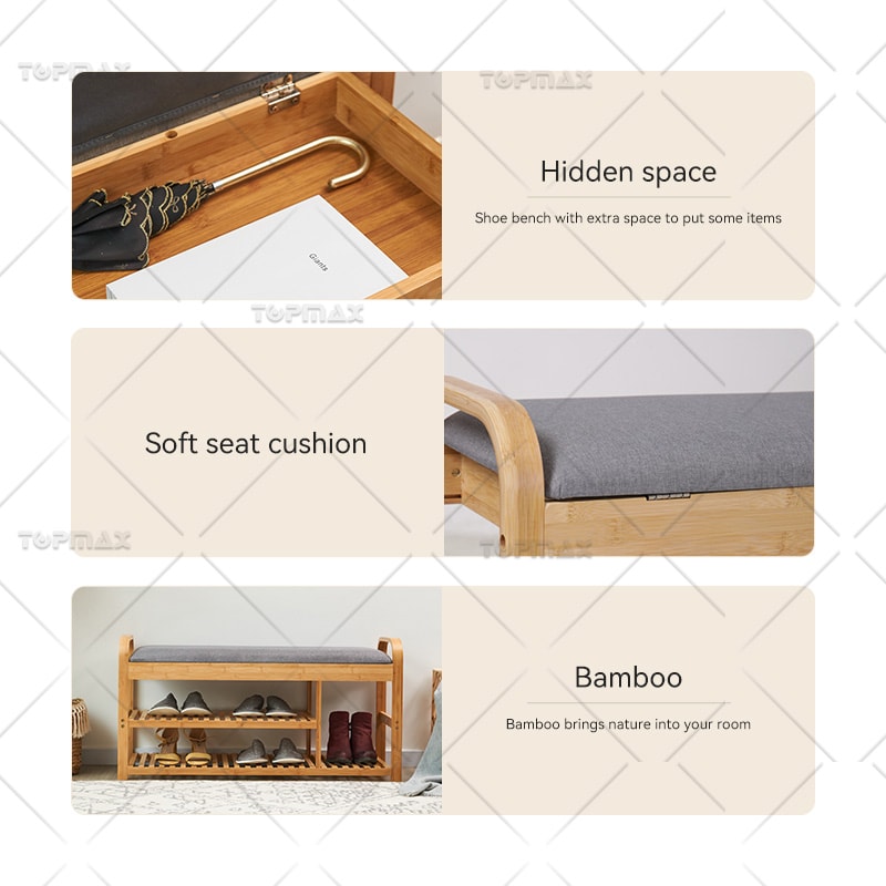 Modern Shoe Bench Bamboo Shoe Cabinet Bench with Flip-up Cushion 31301C-100